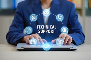 Technical support and customer service concept. Digital icon representing technical support, customer service, and 24-7 assistance. Business technology solutions for global support, service management
