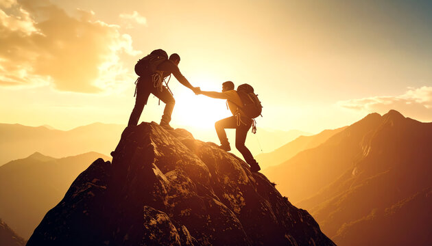 Two climbers helping each other reach the summit against a stunning sunset backdrop, symbolizing teamwork and perseverance in outdoor adventures
