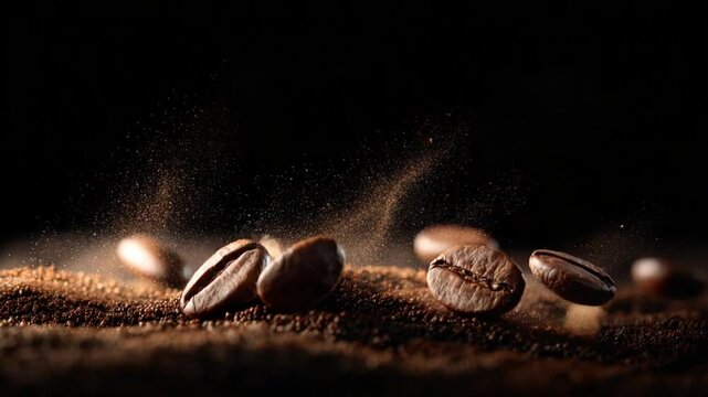Coffee Bean Delight: A captivating composition of roasted coffee beans in mid-air against a dark background. It showcases the rich textures and enticing aroma of the coffee beans.