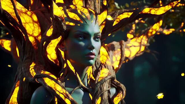 Green Skinned Woman Adorned with Golden Leaves in Dark Forest Sunlight Art Adobe Stock Photo