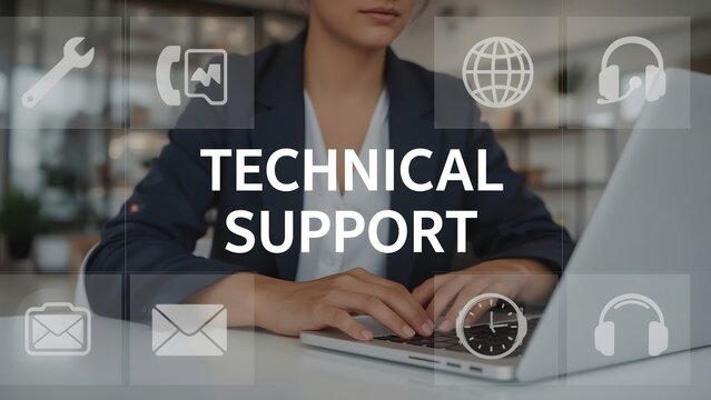 Technical support and customer service concept. Digital icon representing technical support, customer service, and 24-7 assistance. Business technology solutions for global support, service management
