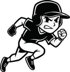 A cartoon baseball player in a running stance, focused and determined.