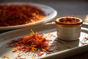 Close-up of vibrant saffron strands on a plate, with a small bowl, in a warm kitchen setting