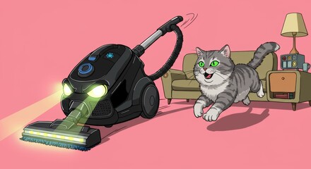 A cartoon image of a gray tabby cat playfully chasing a black vacuum cleaner with glowing headlights in a living room setting.