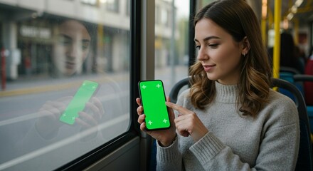 Woman using smartphone on public bus
