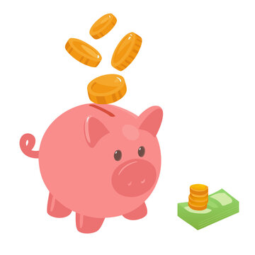 Argent - Tirelire, pi&egrave;ces de monnaie et billets - Illustration vectorielle - Esp&egrave;ces, pi&egrave;ces de monnaie, liasse de billets - Pi&egrave;ces qui tombent dans une tirelire rose - Finance - Euros
