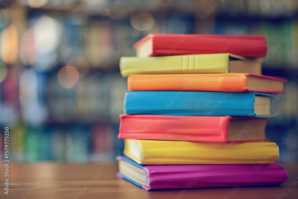 Aufkleber stack of colorful books on a wooden table with a blurred bookshelf background