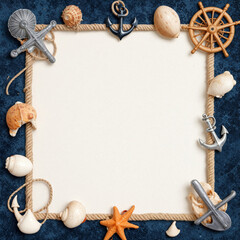 Nautical themed decorative frame with anchors shells rope and ship wheel on textured background
