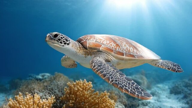 Ocean Turtle in Underwater Paradise: Witness the serene ballet of an ocean turtle as it glides gracefully through the azure depths, its patterned shell reflecting the sun's embrace.