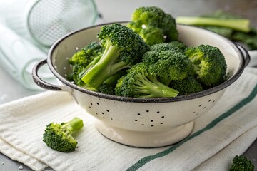 Freshly washed broccoli in a colander on a kitchen countertop with a green towel nearby