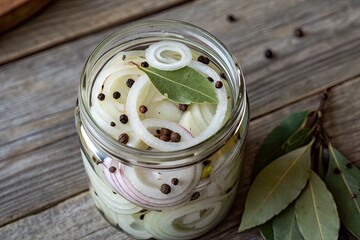 Jar of pickled onions with bay leaves and peppercorns on rustic wooden table background