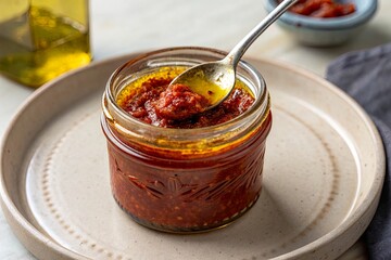 Jar of homemade chili paste with spoon on a plate, olive oil in the background, kitchen setting