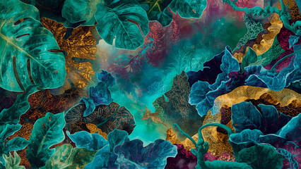 Naklejka premium Abstract Teal and Gold Foliage with Cosmic Background