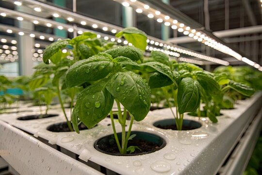 Lush basil plants thriving in a modern hydroponic greenhouse with water droplets glistening