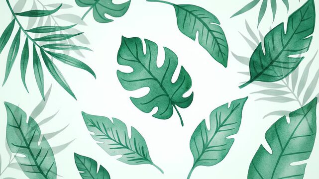 Light Turquoise Background with Watercolor Leaves of Different Types for Decoration with a Minimalist and Elegant Style