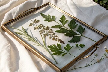Pressed green leaves arranged in a decorative frame on a light fabric background, showcasing nature