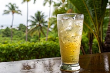 Refreshing beverage in a glass with ice, set against a tropical landscape with palm trees