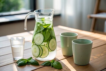 Refreshing cucumber and mint water pitcher with glasses on a wooden table in a bright room