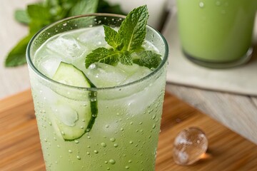 Refreshing cucumber mint beverage served in a glass with ice on a wooden table