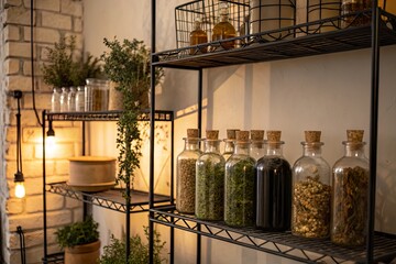 Shelves filled with various herbs and spices in glass jars, illuminated by warm light