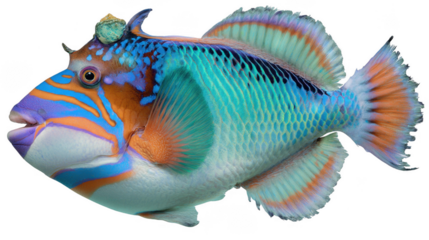 A vibrant ornate triggerfish swimming gracefully on a white backdrop showcases its striking colors and unique horn-like features found near coral reefs.