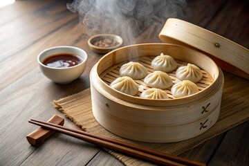 Steaming dumplings in a bamboo steamer with sauce and chopsticks on a wooden table