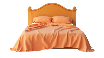 Orange Bedding On Wooden Bed Frame With Transparent Background