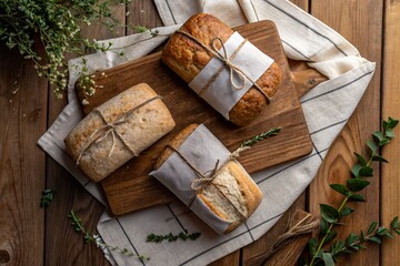 Three artisanal loaves of bread wrapped in paper on a wooden board with herbs