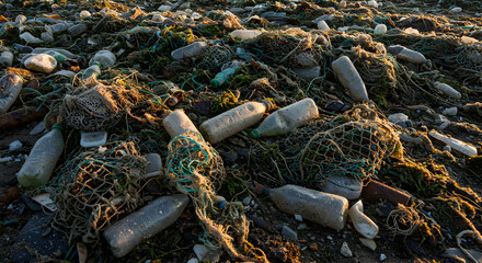 Ocean Plastic Pollution: A haunting sight of discarded bottles and fishing nets entangled on a shoreline, highlighting environmental damage.