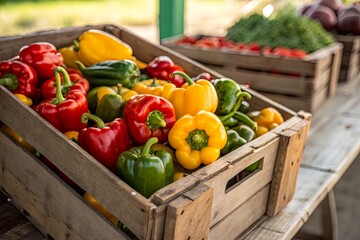 Vibrant assortment of colorful bell peppers in wooden crates at a sunny market setting