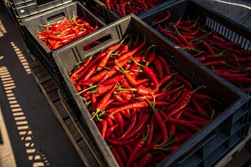 Vibrant red chili peppers piled in black crates under sunlight at a bustling market scene