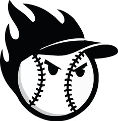 A stylized baseball with flames and an angry expression.
