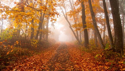 A foggy forest trail in autumn, with orange and yellow leaves falling gently, peaceful and dreamy"