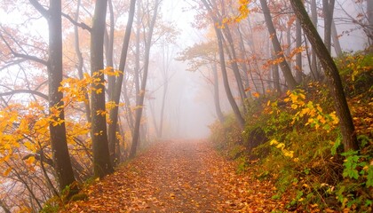 A foggy forest trail in autumn, with orange and yellow leaves falling gently, peaceful and dreamy"