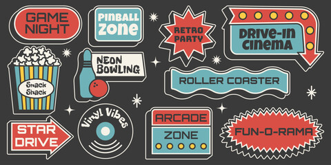 Retro sticker set. Signs for arcades, bowling, vinyl and games in vintage mid century 50s style. Vector illustration on dark background