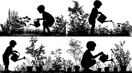 Silhouette of child watering plants in garden with watering can, set of four