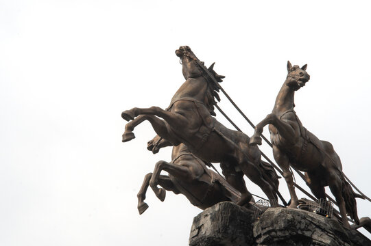 Boyolali, Indonesia-January 20, 2022: The iconic Arjuna Wijaya (Horse Statue) in Boyolali, depicting Krishna and Arjuna in a war chariot during the Bharatayudha War, a symbol of courage.