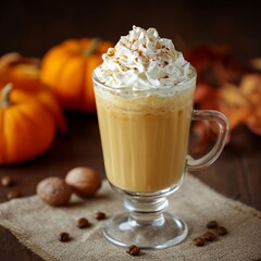Pumpkin Spice Latte with Whipped Cream and Pumpkins