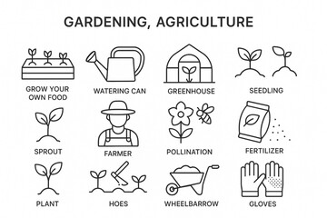 Gardening and Agriculture Line Icon Set – Thin Linear Vector with Watering Can, Greenhouse, Seedling, Farmer and Fertilizer Symbols