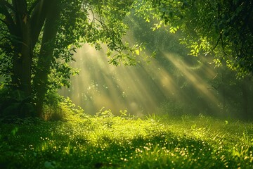 Obraz premium Sunlight filters through lush green forest canopy illuminating the forest floor