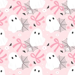 Pink Halloween Ghost Coquette Bows Seamless Pattern 