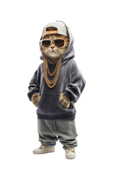 Hip-Hop Cat Standing Upright in Rapper Outfit, Photorealistic Full-Body Portrait, Transparent Background