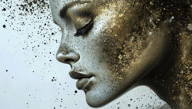 A stunning profile view of a beautiful woman's face carved into a gold and silver metallic surface, eyes closed, surrounded by floating transparent bubbles filled with shimmering black glitter dust,