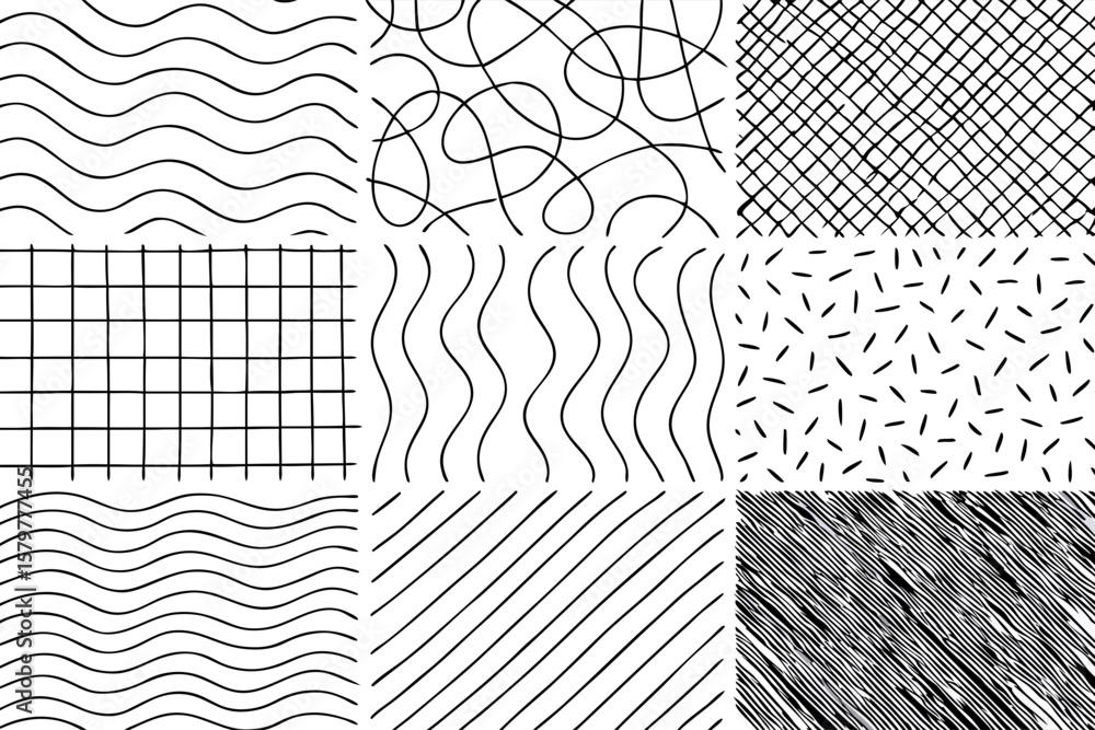 Poster abstract hand-drawn patterns collection in black and white, creative design elements for use