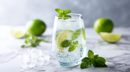 Refreshing Lime and Mint Drink with Ice in Glass on Marble Background