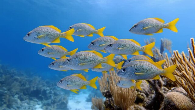 School of Grunts in Coral Reef: A vibrant school of yellowtail grunts swims gracefully near a colorful coral reef, showcasing the beauty of underwater ecosystems. 