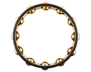 Circular wooden frame of a musical tambourine percussion instrument on a transparent background