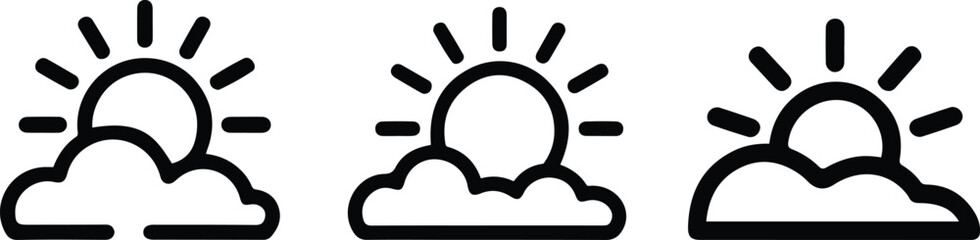 Sunrise Weather Icon Set. Sun and Cloud Outline Vector Illustration.