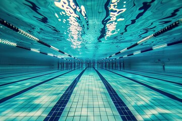 Underwater view of a swimming pool with lane markers showing depth and blue water