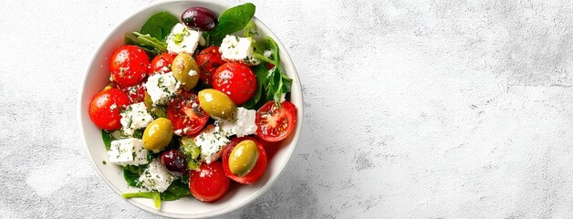 Fresh greek salad with feta cheese, olives and cherry tomatoes in a white bowl on light background, top view